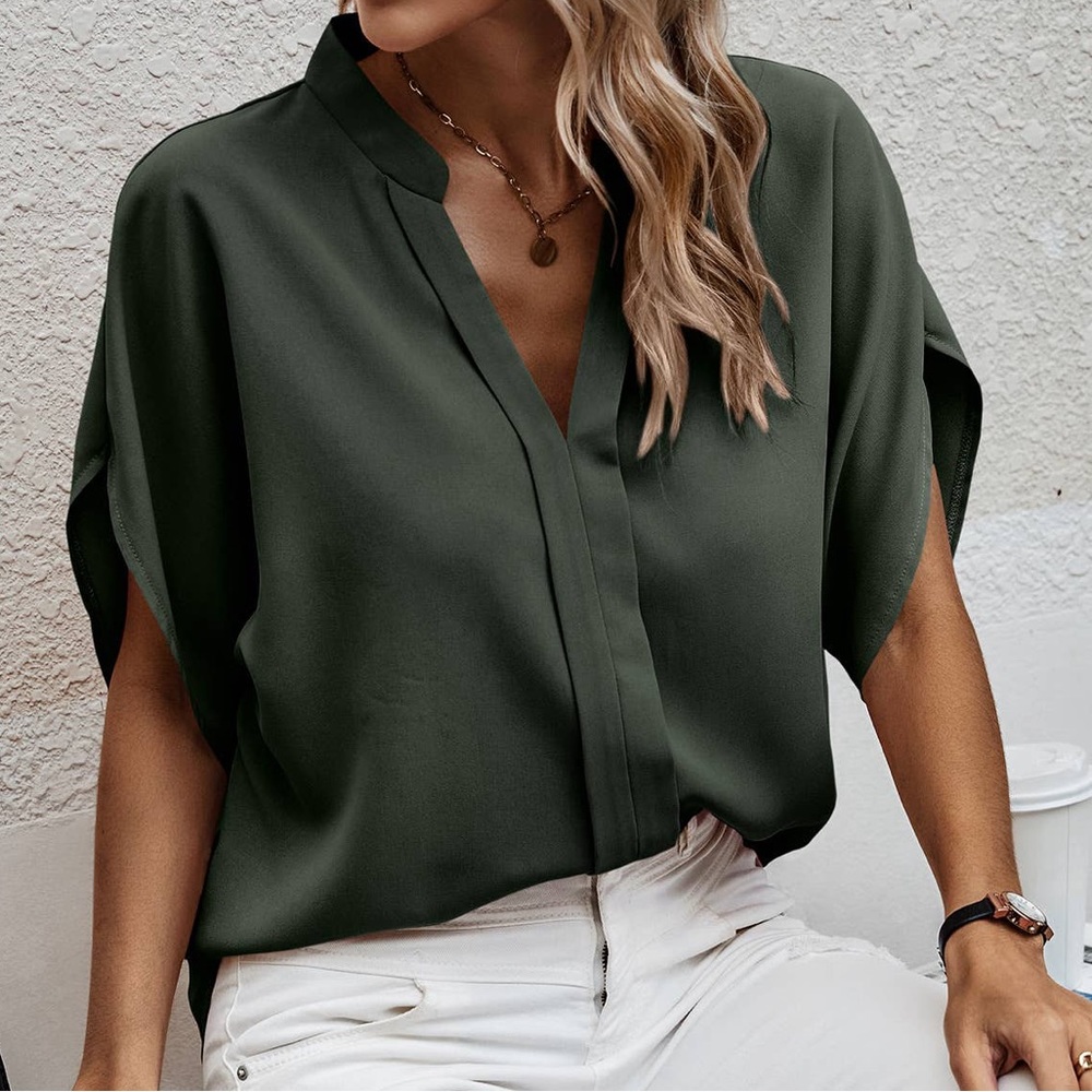 V Neck Exposed Seam Tulip Dolman Sleeve Blouse in hunter green